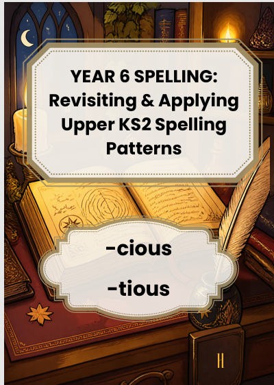 Year 6 spelling activity pack cover: -cious and -tious